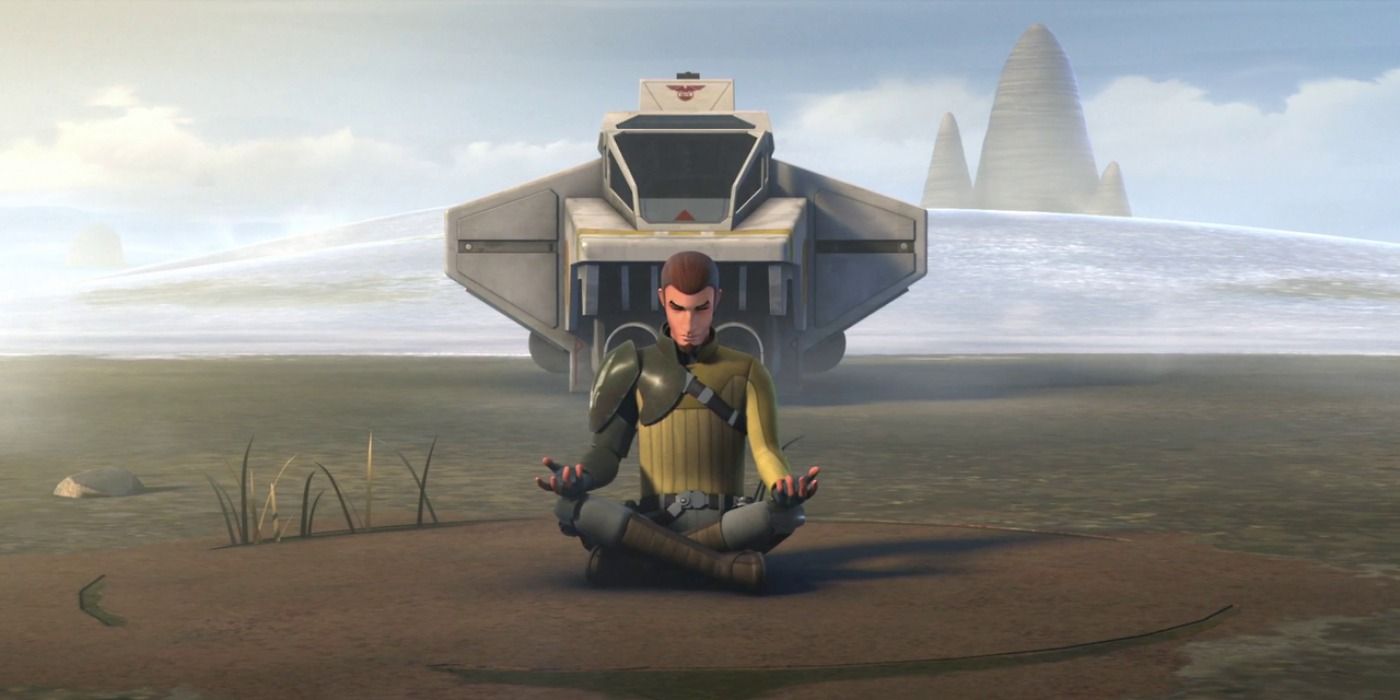 Kanan Jarrus meditates in front of the Ghost on Lothal in Star Wars Rebels