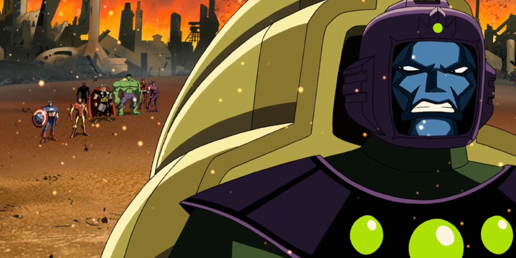 Kang The Conquerer showing the Avengers a vision of the future in Avengers: Earth's Mightiest Heroes