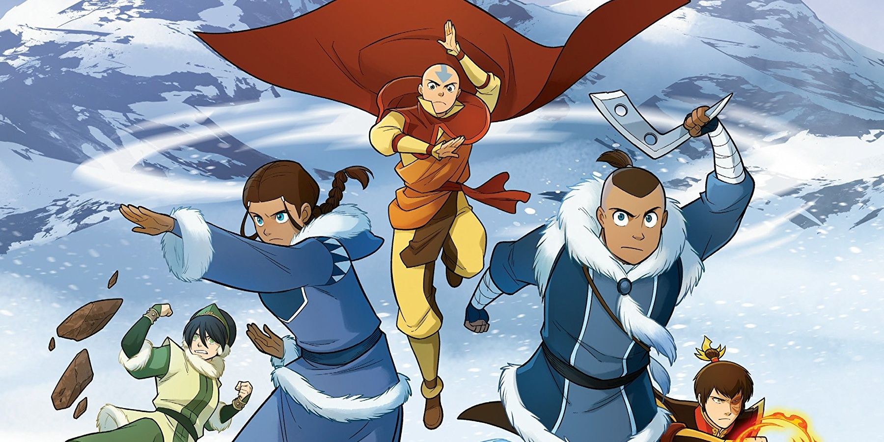 Katara and Sokka running while Aang flies in mid-air on the cover of North and South