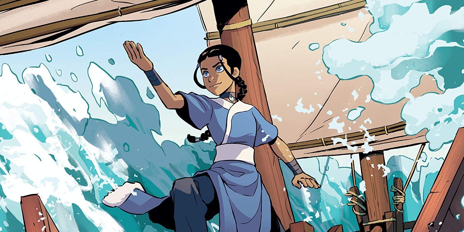 Katara bending water while standing on a ship on the cover of Katara and the Pirate's Silver