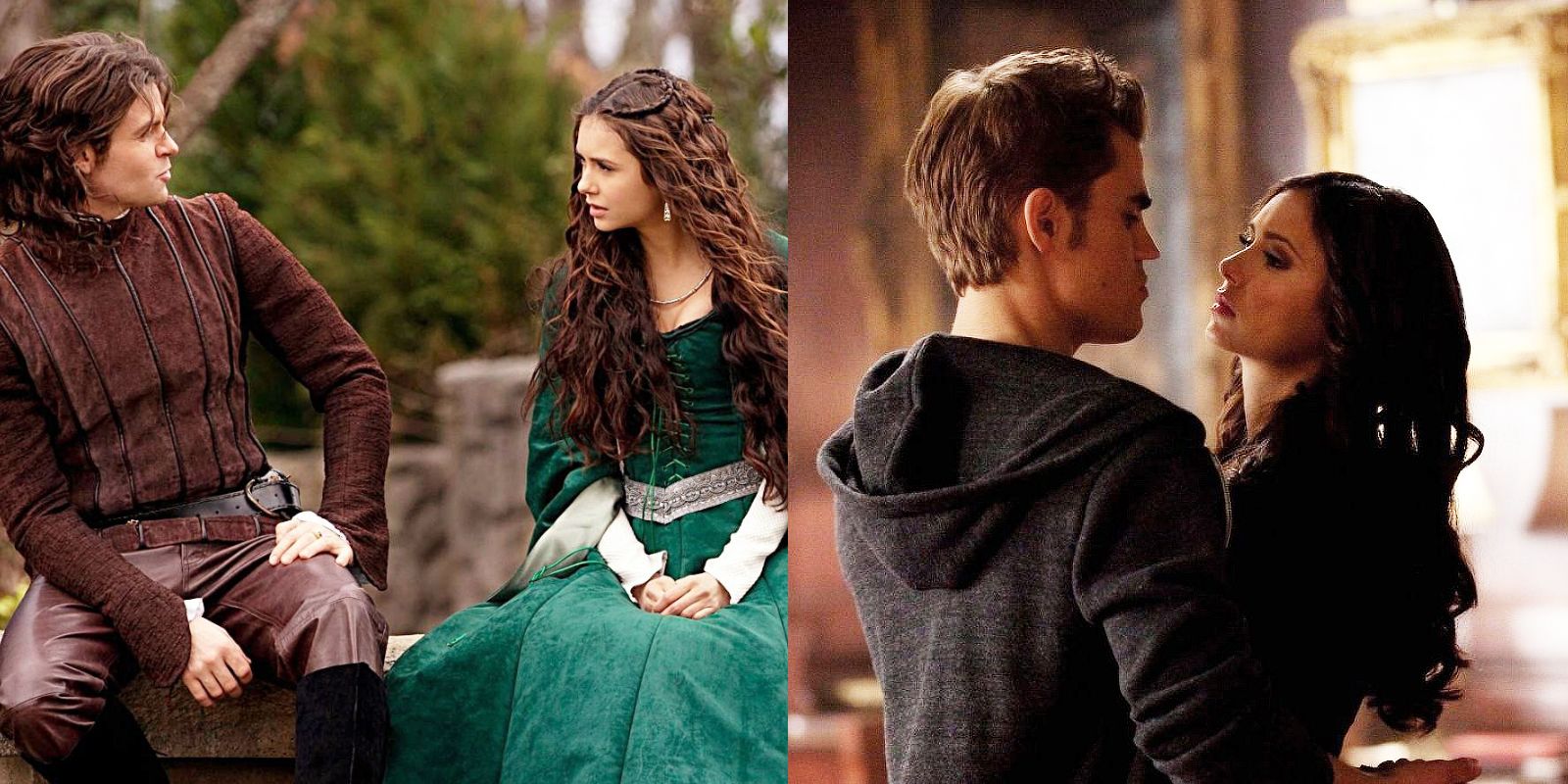 Split image of Katherine with Elijah and with Stefan on The Vampire Diaries
