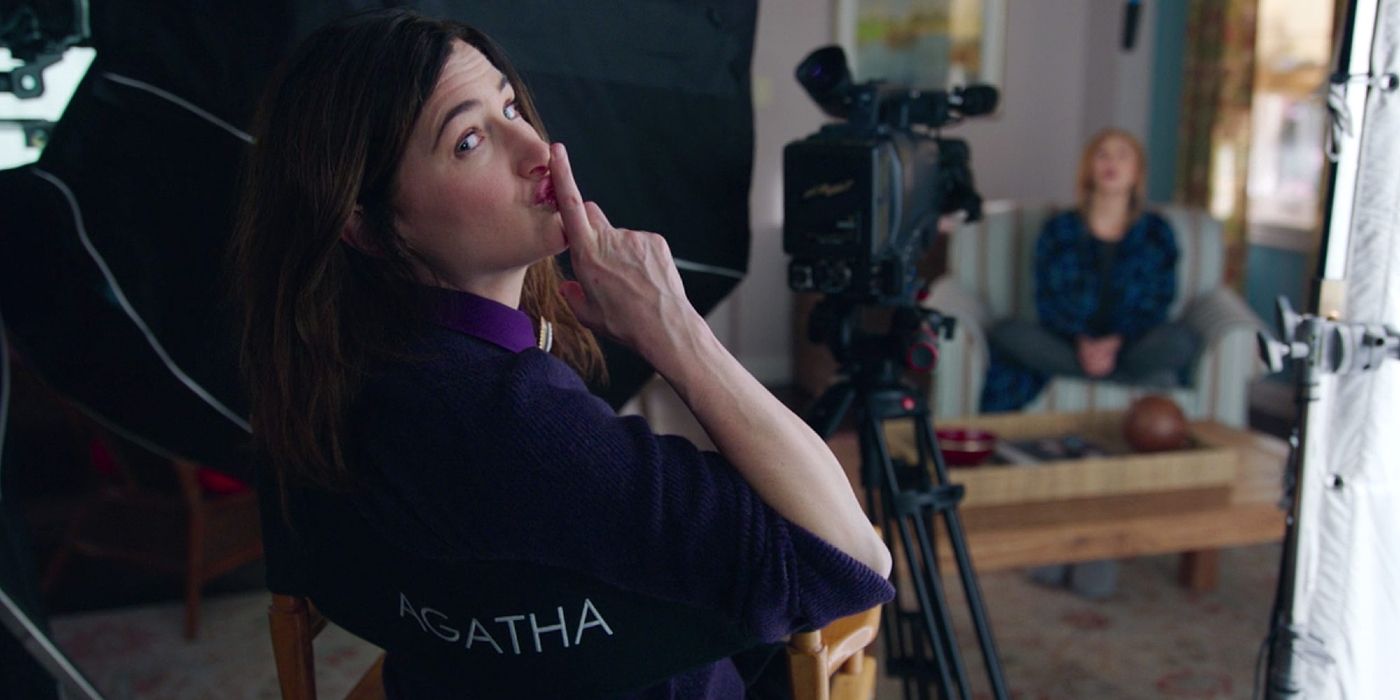 Kathryn Hahn as Agatha shushing the camera in WandaVision