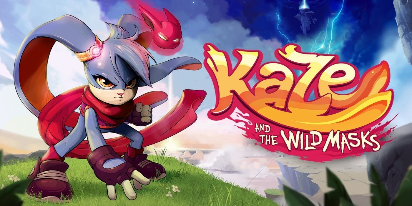 A banner for the video game Kaze And The Wild Masks featuring a rabbitlike character crouching