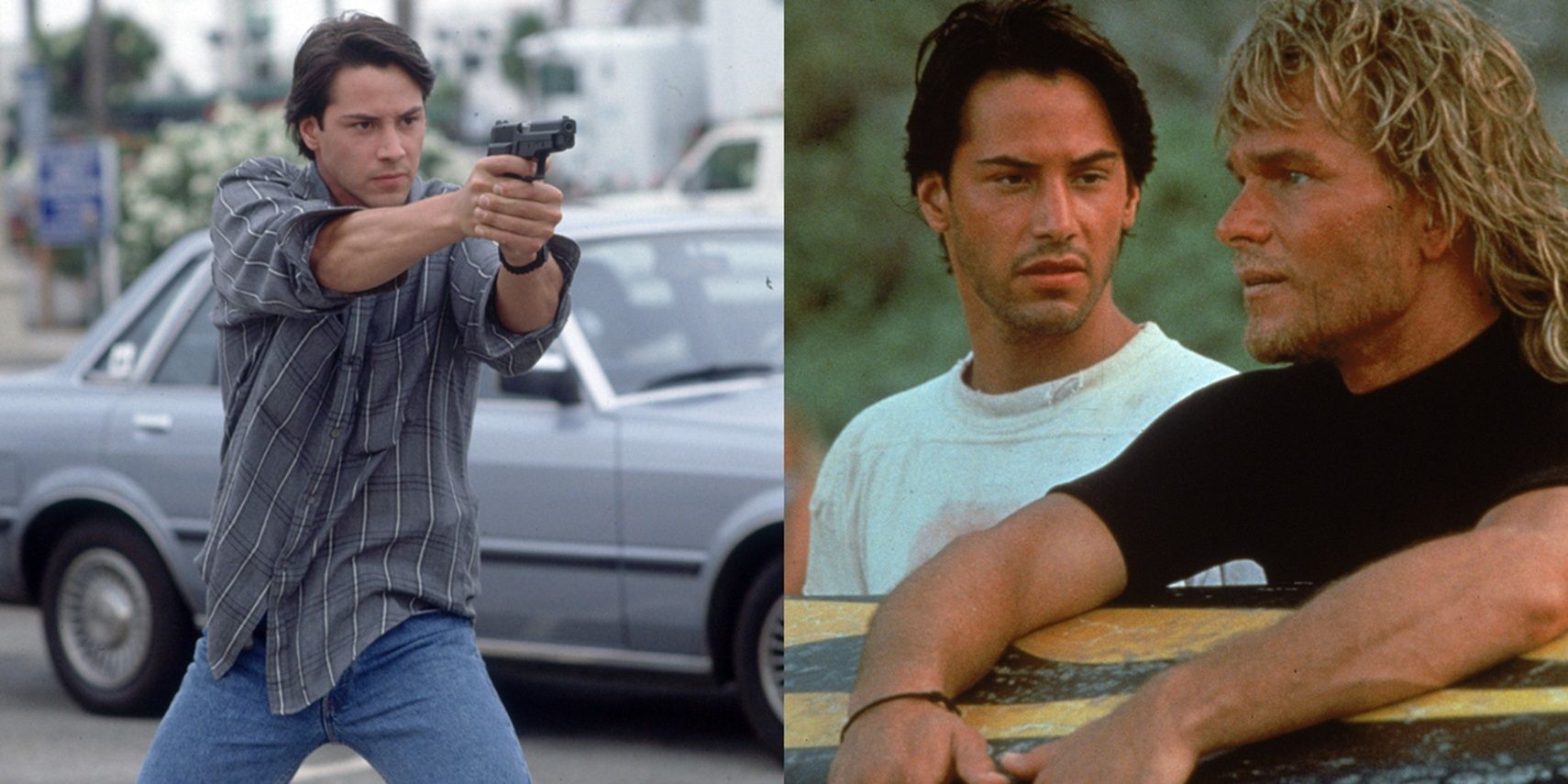 Split image: Keanu Reeves pointing a gun, and Keanu Reeves with Patrick Swayze in Point Break