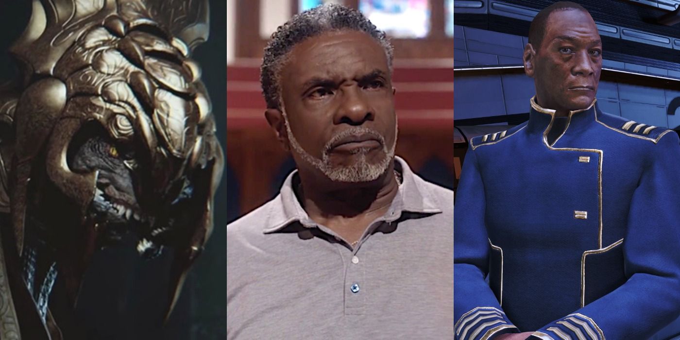Split image showing Arbiter Thel 'Vadam from Halo, Keith David, and David Anderson from Mass Effect