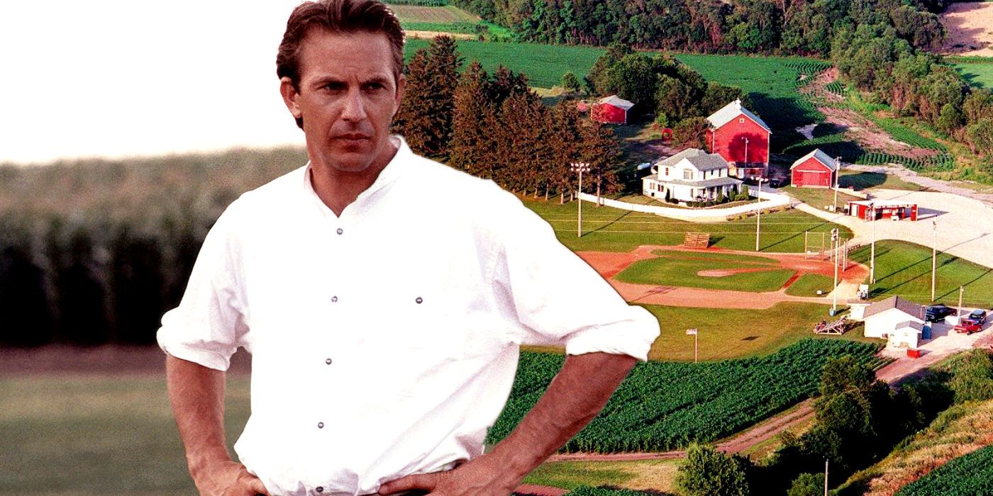 Blended image of Ray Kinsella (Kevin Costner) and the Field of Dreams farm and baseball field