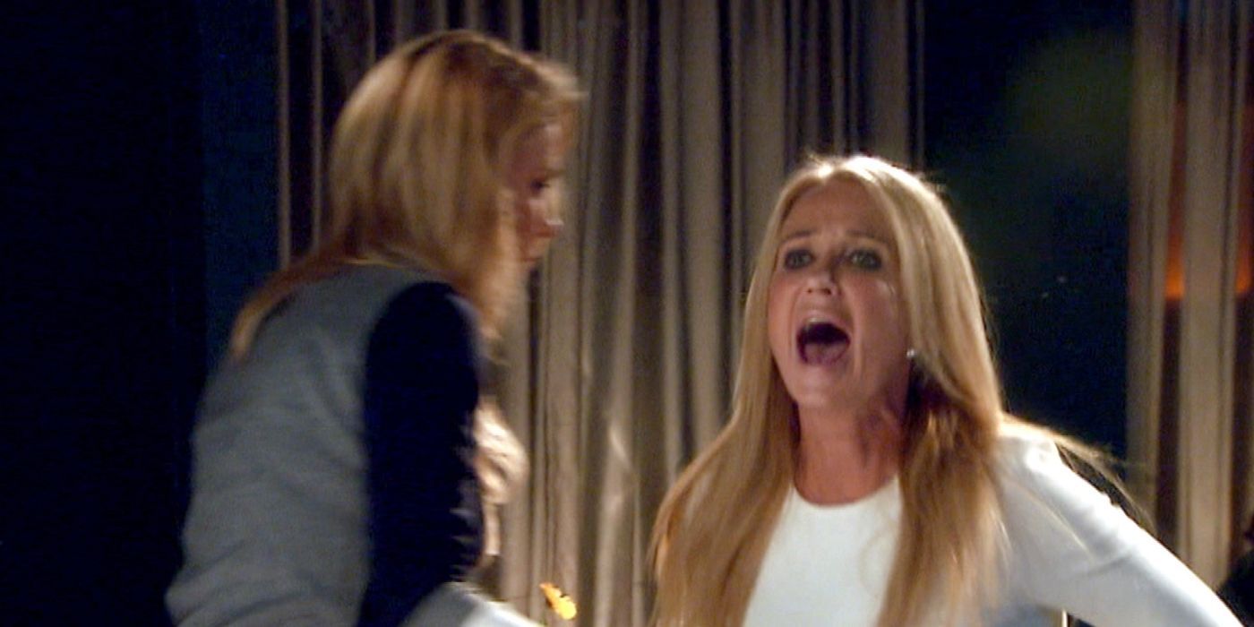 Kim Richards arguing at the women at dinner in Amsterdam in RHOBH