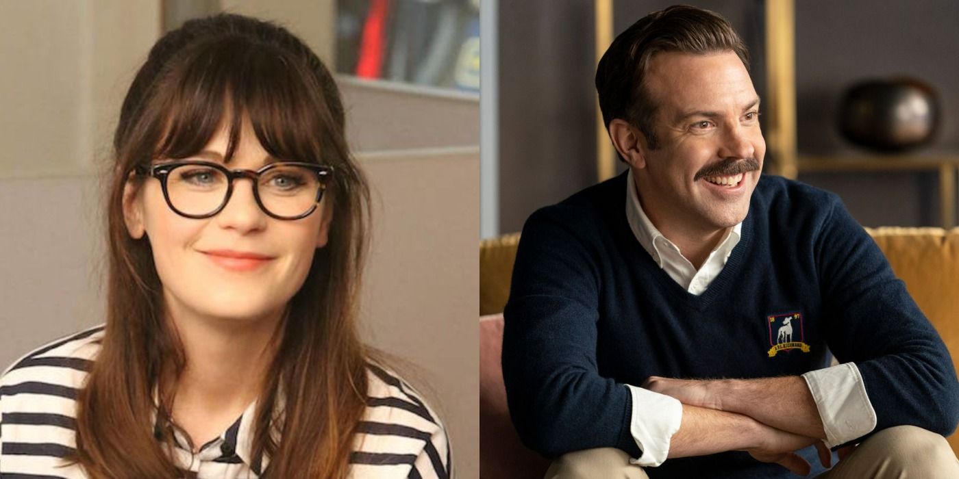 Split image of Jessica Day in New Girl and Ted Lasso