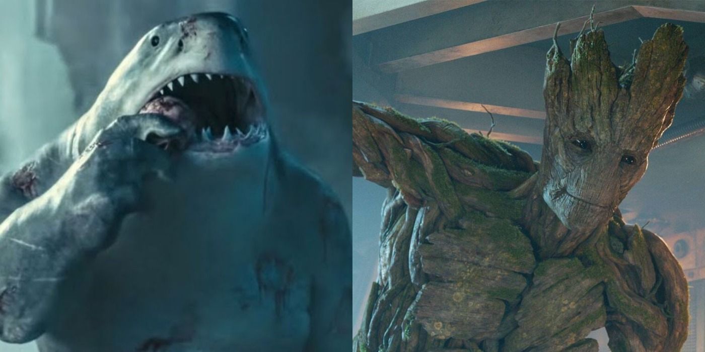 King Shark eating and Groot talking.