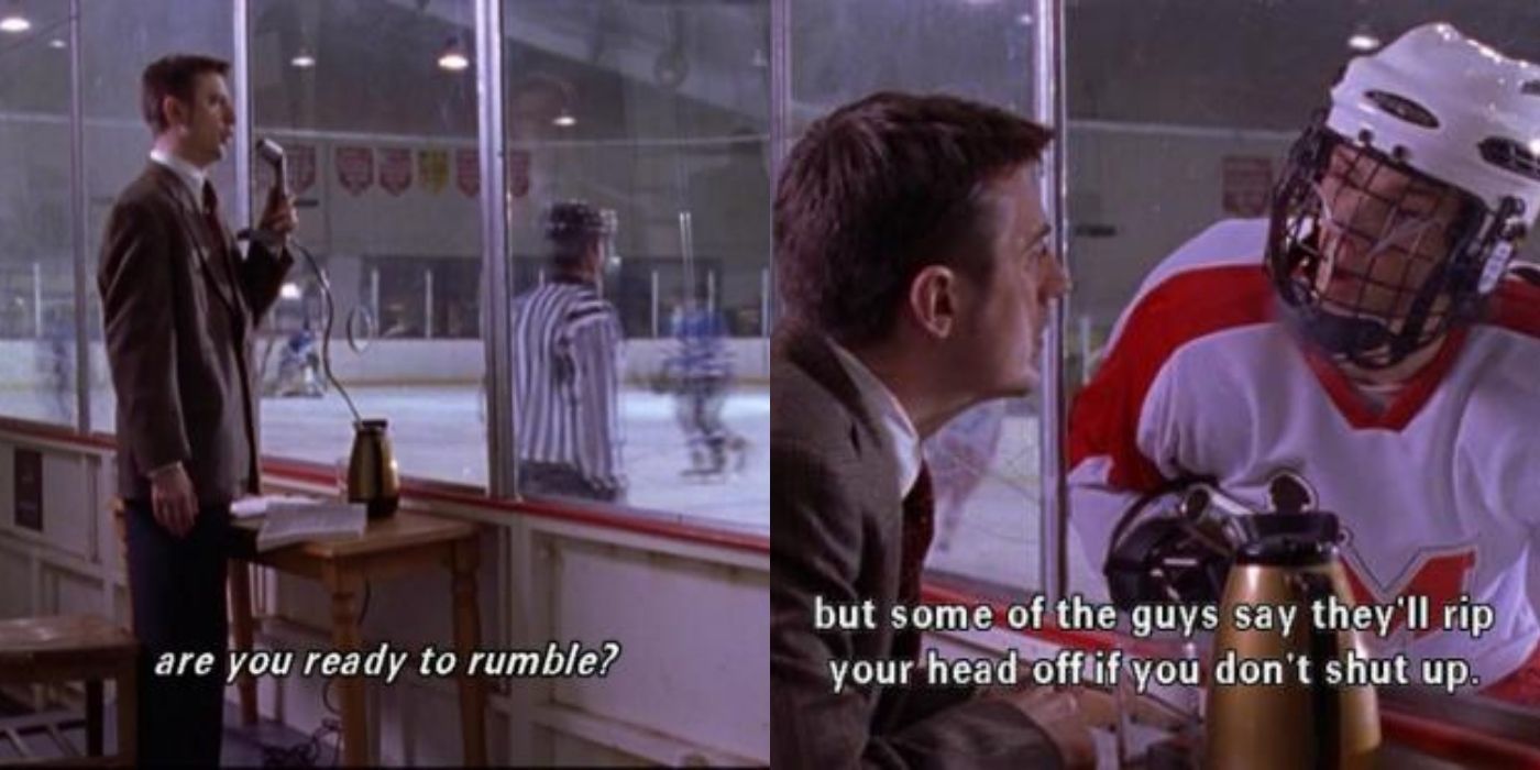 Kirk does the commentating for the local hockey game while also talking to Dean about the rules in Gilmore Girls