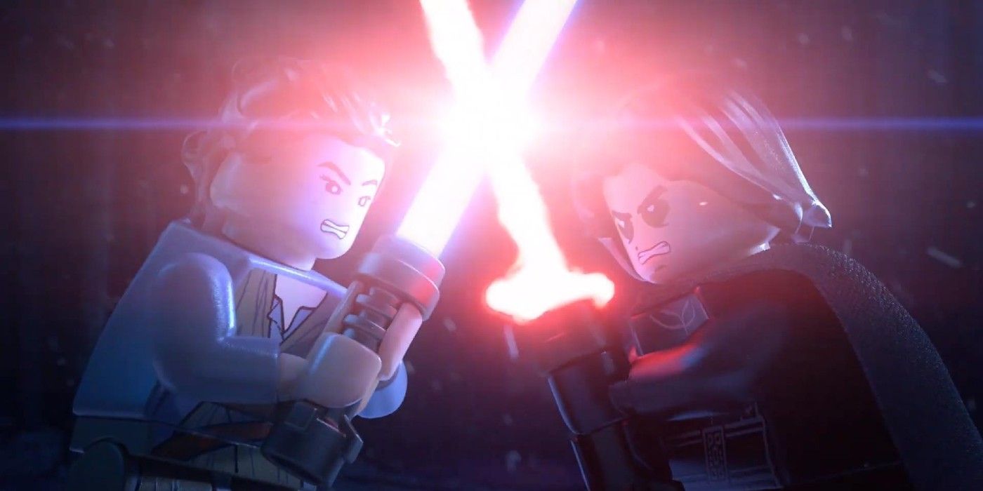 Two characters in a lightsaber duel in LEGO Star Wars: The Skywalker Saga.