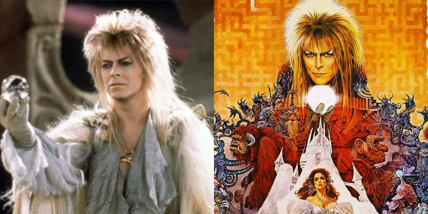 Split image showing Jareth holding an orb and the cover to the Labyrinth soundtrack