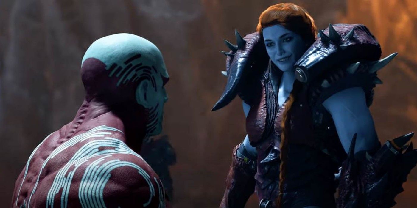 Lady Hellbender flirting with Drax in Marvel's Guardians Of The Galaxy