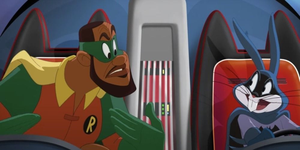 Lebron James and Bugs Bunny in Space Jam A New Legacy, dressed as Batman and Robin