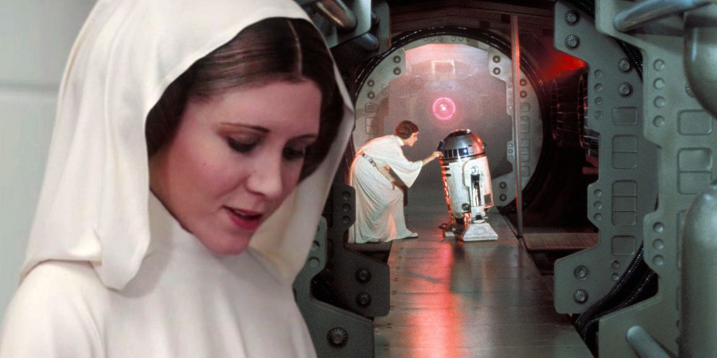 Leia in Rogue One and with R2-D2 in A New Hope.
