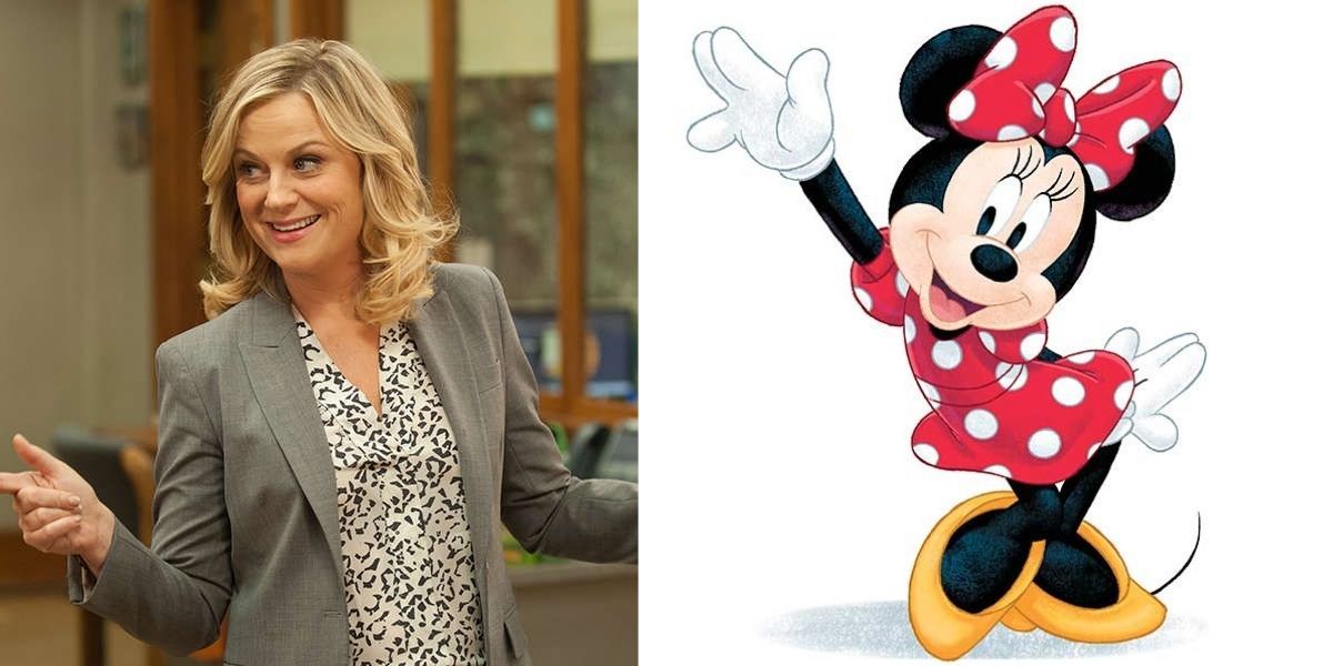 Split Image: Leslie from parks and Rec pointing off screen and Minnie Mouse striking a pose
