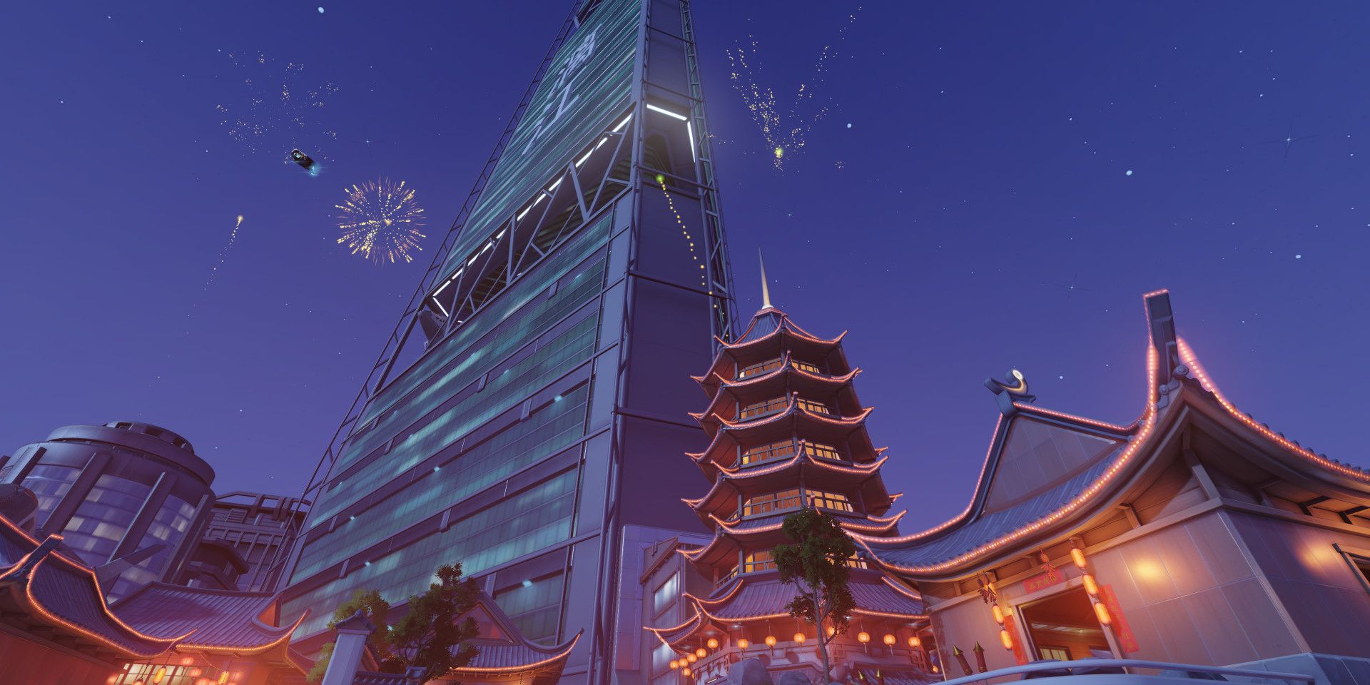 Lijiang Tower surrounded by New Year's fireworks in Overwatch
