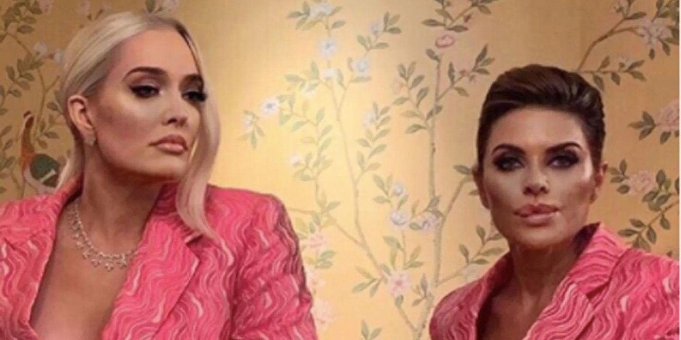 Lisa Rinna e Erika Jayne usando o mesmo vestido e posando para uma foto durante as filmagens de RHOBH