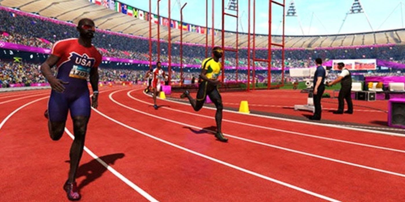Characters running track in the London 2012 video game