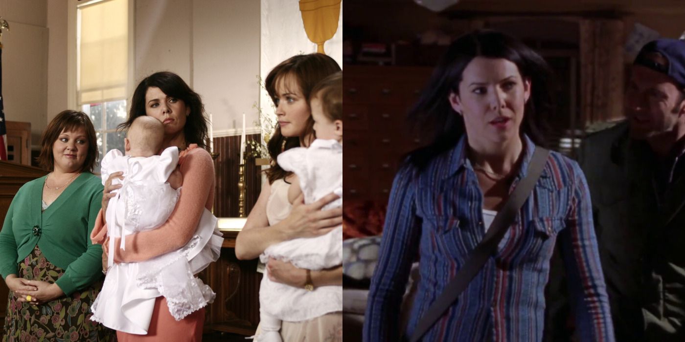 Lorelai at the baptism of Sookie's babies and Lorelai arguing with Luke in Gilmore Girls