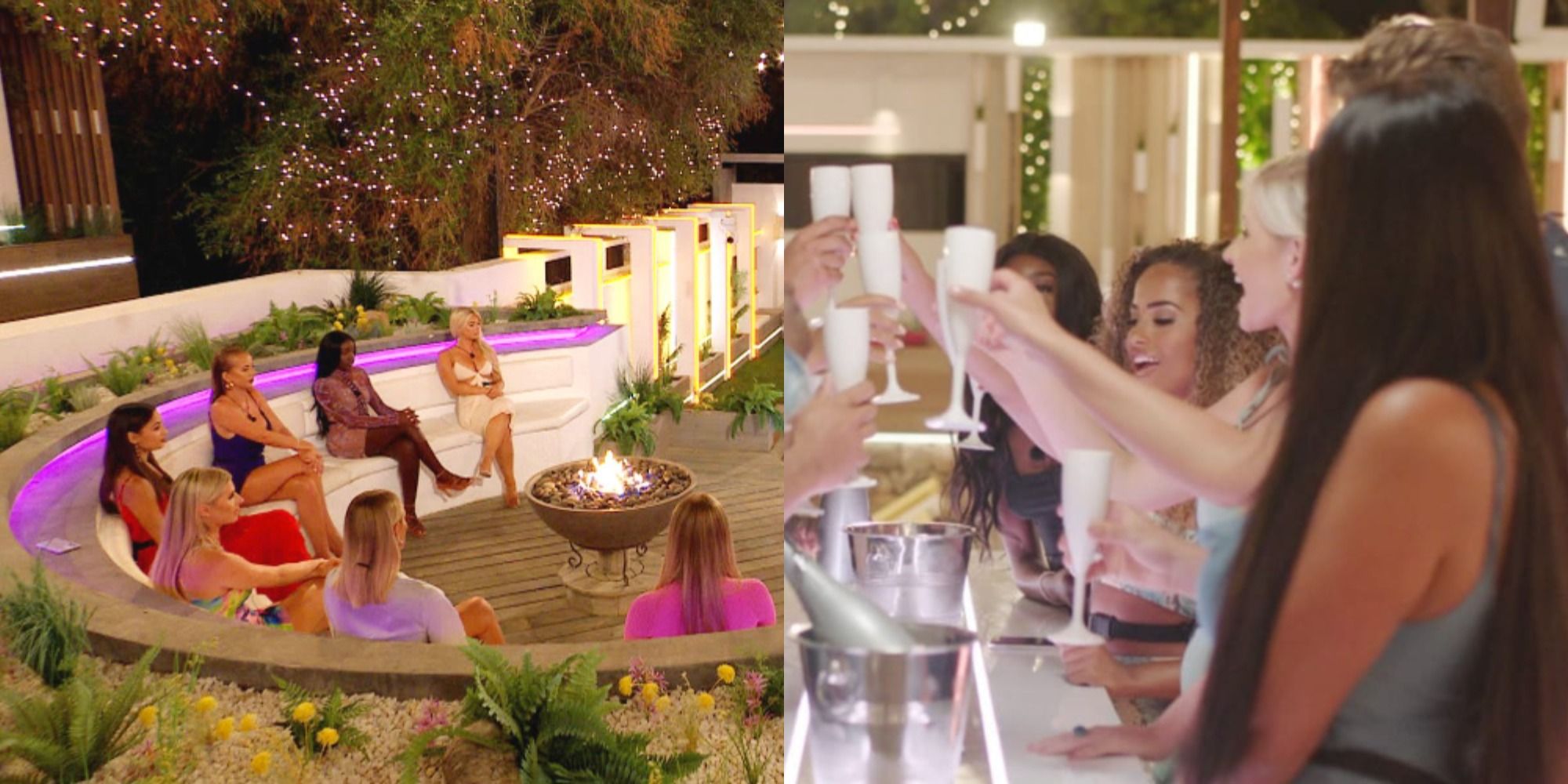 Split image of a recoupling ceremony and Love Island contestants drinking