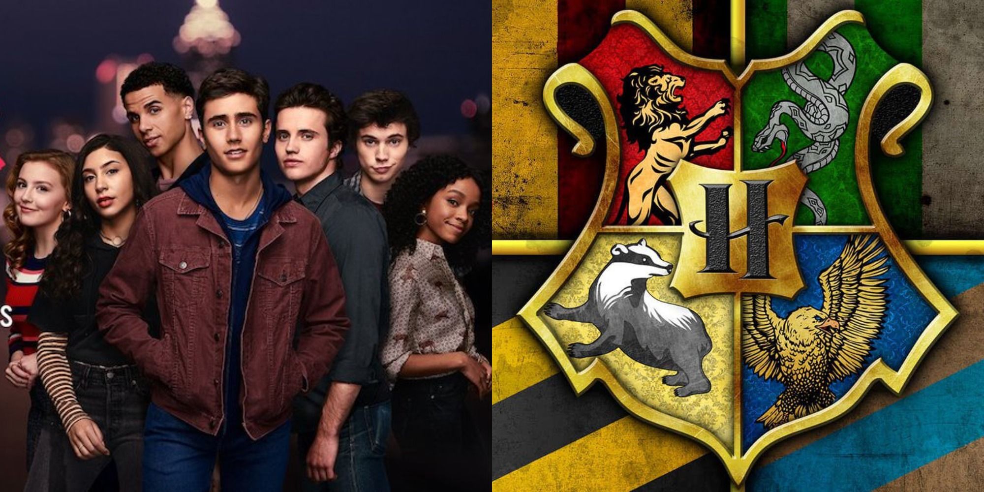 Slit image showing the cast of Love, Victor and the Hogwarts coat of arms