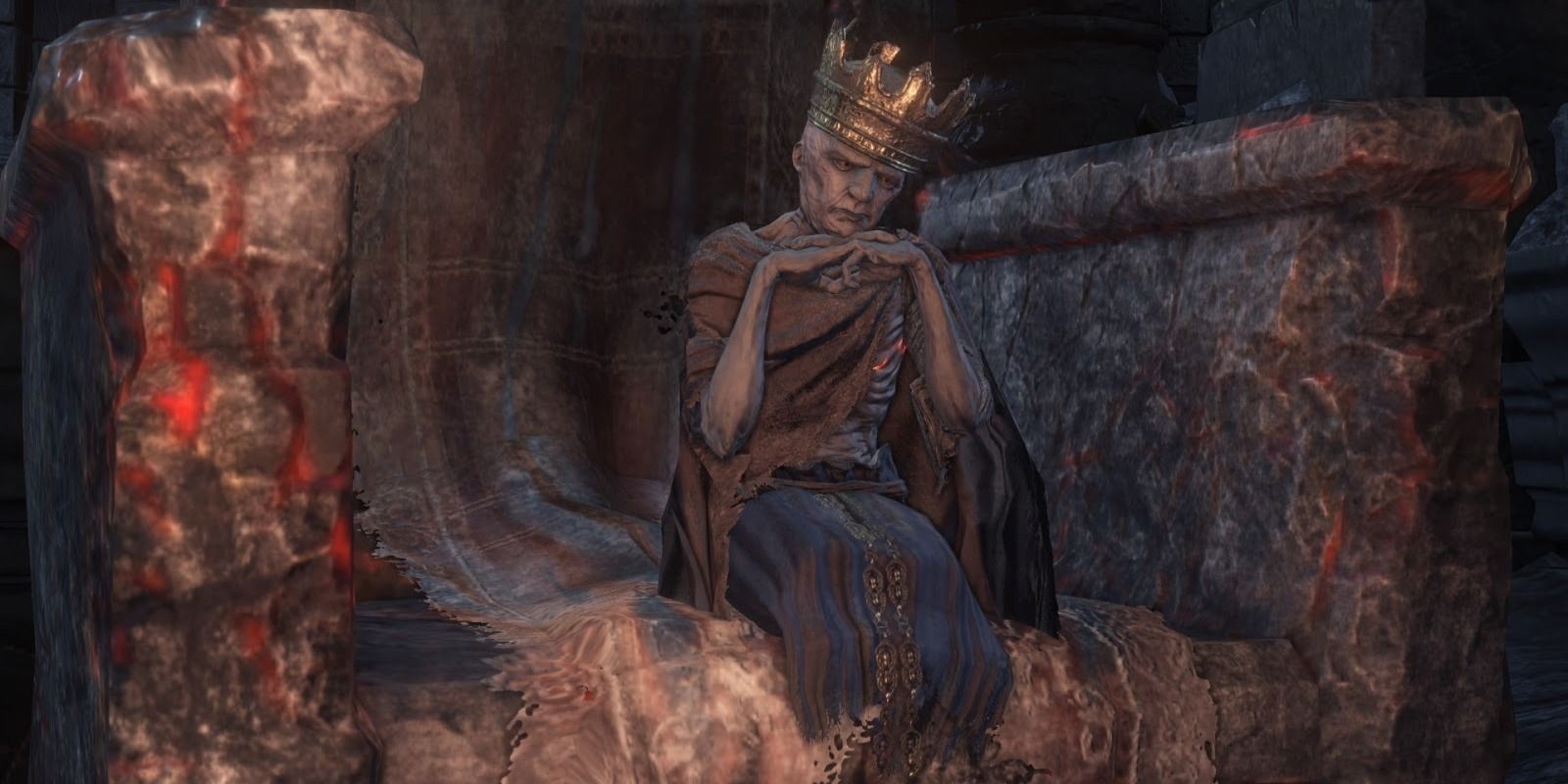 Ludleth sitting on his throne as a Lord of Cinder at Firelink Shrine
