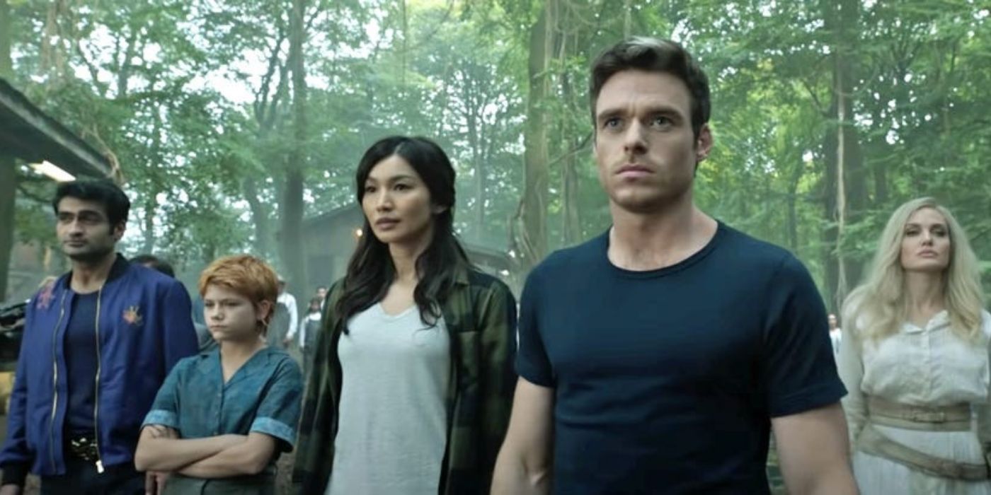 The Eternals stand together in a forest to face an unseen threat in Marvel's Eternals.