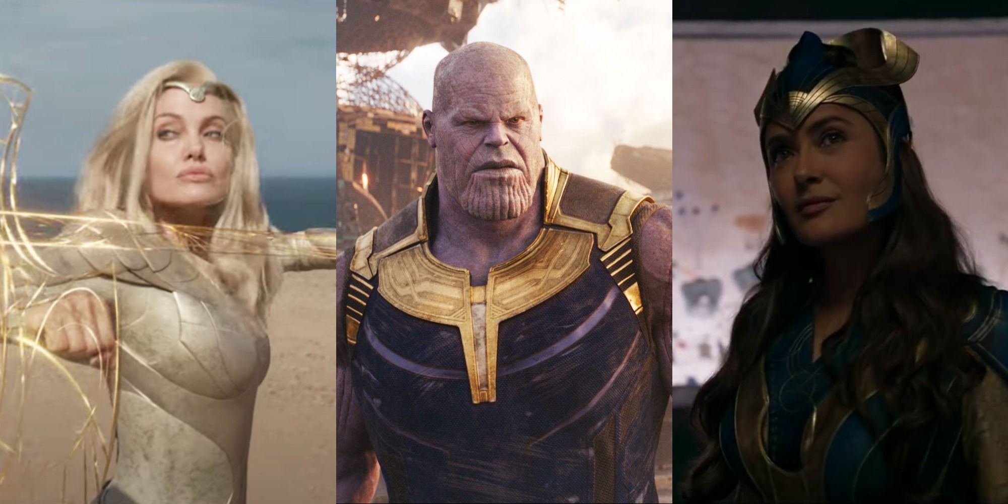 Split image: Thena, Thanos, and Ajak appear in scenes from the Marvel Cinematic Universe