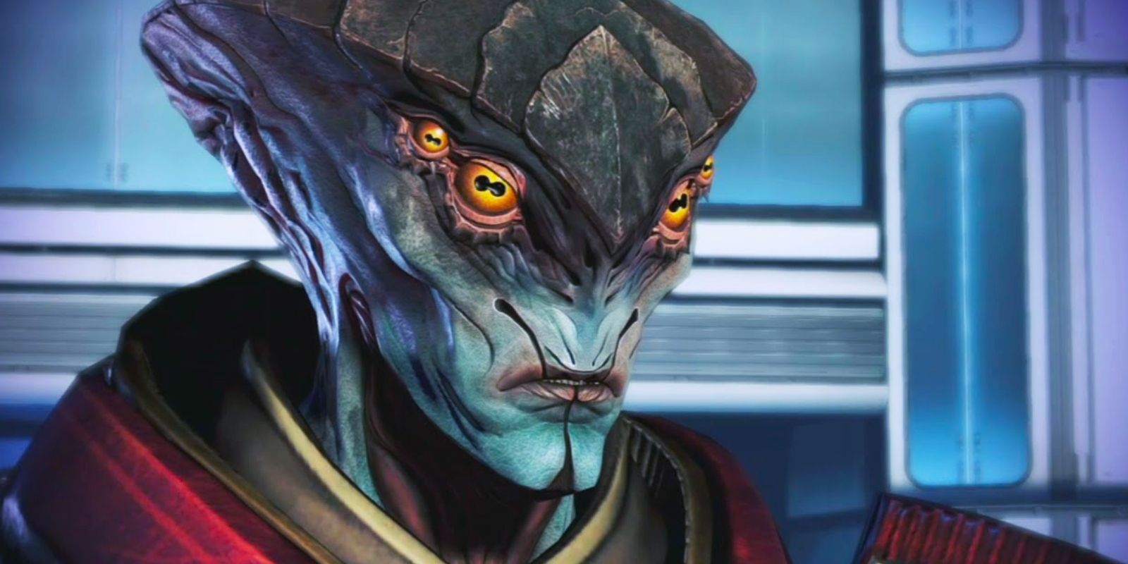 Javik in Mass Effect 3 stands and looks off camera.