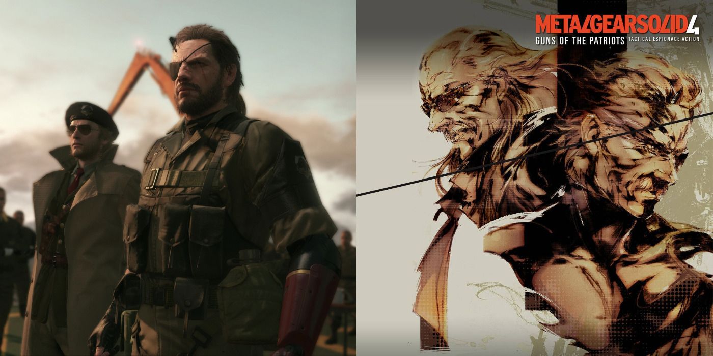 Split image with artwork from Metal Gear Solid 4, and a screenshot from Metal Gear Solid V.
