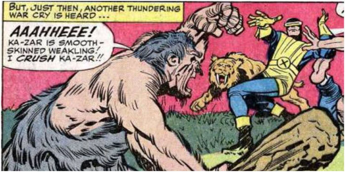 Maa-Gor fighting Ka-Zar and Cyclops in X-Men comics.