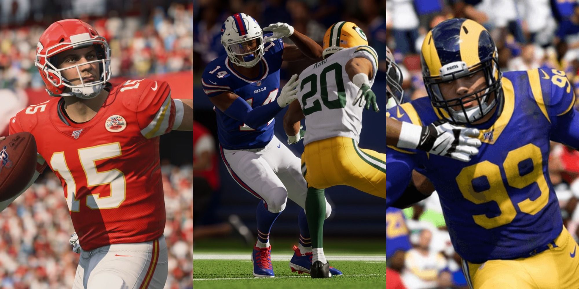 Split image of Patrick Mahomes, Stefon Diggs, and Aaron Donald in Madden