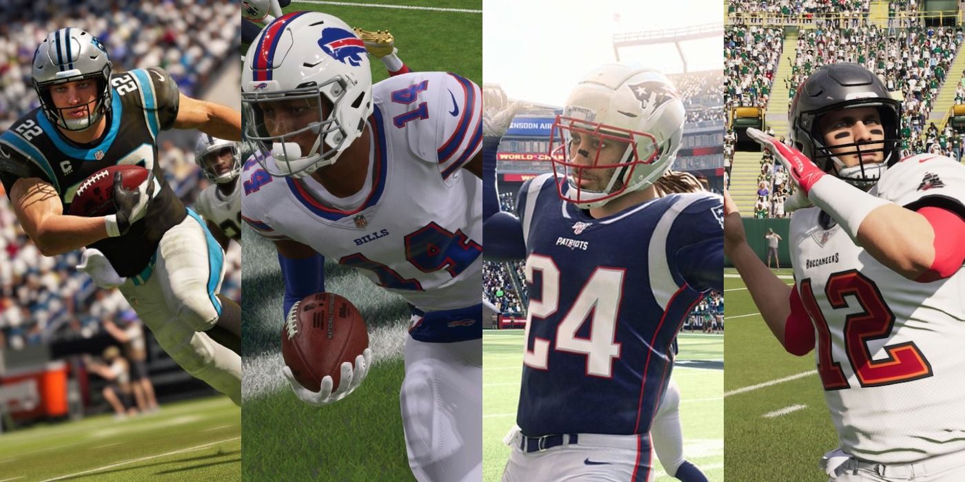 Split image of Christian McCaffrey, Stefon Diggs, Stephon Gilmore, and Tom Brady in Madden 22