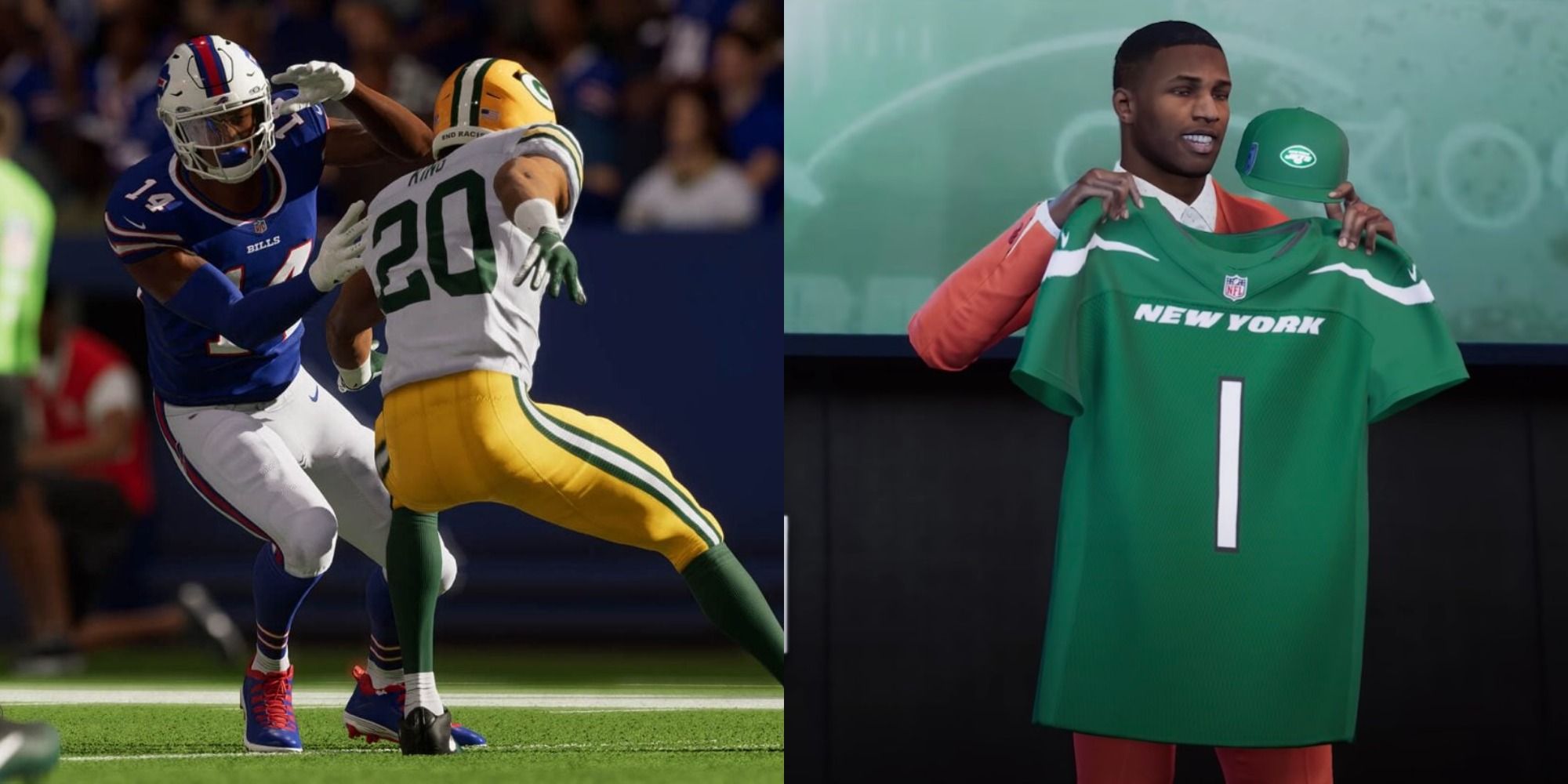 Split image of gameplay in Madden and a player showing off his new jersey