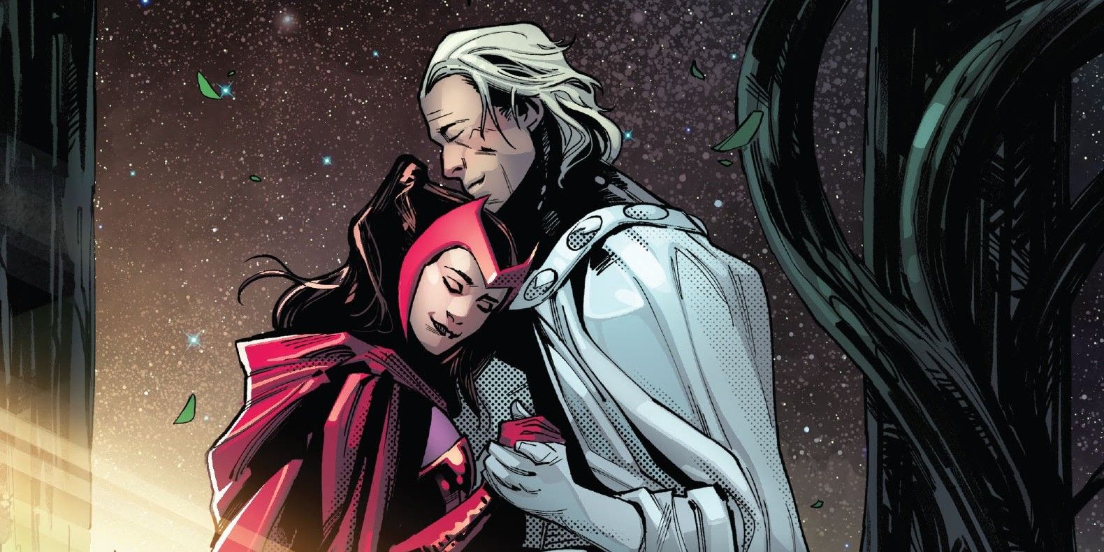Magneto embraces the Scarlet Witch in Marvel Comics. 