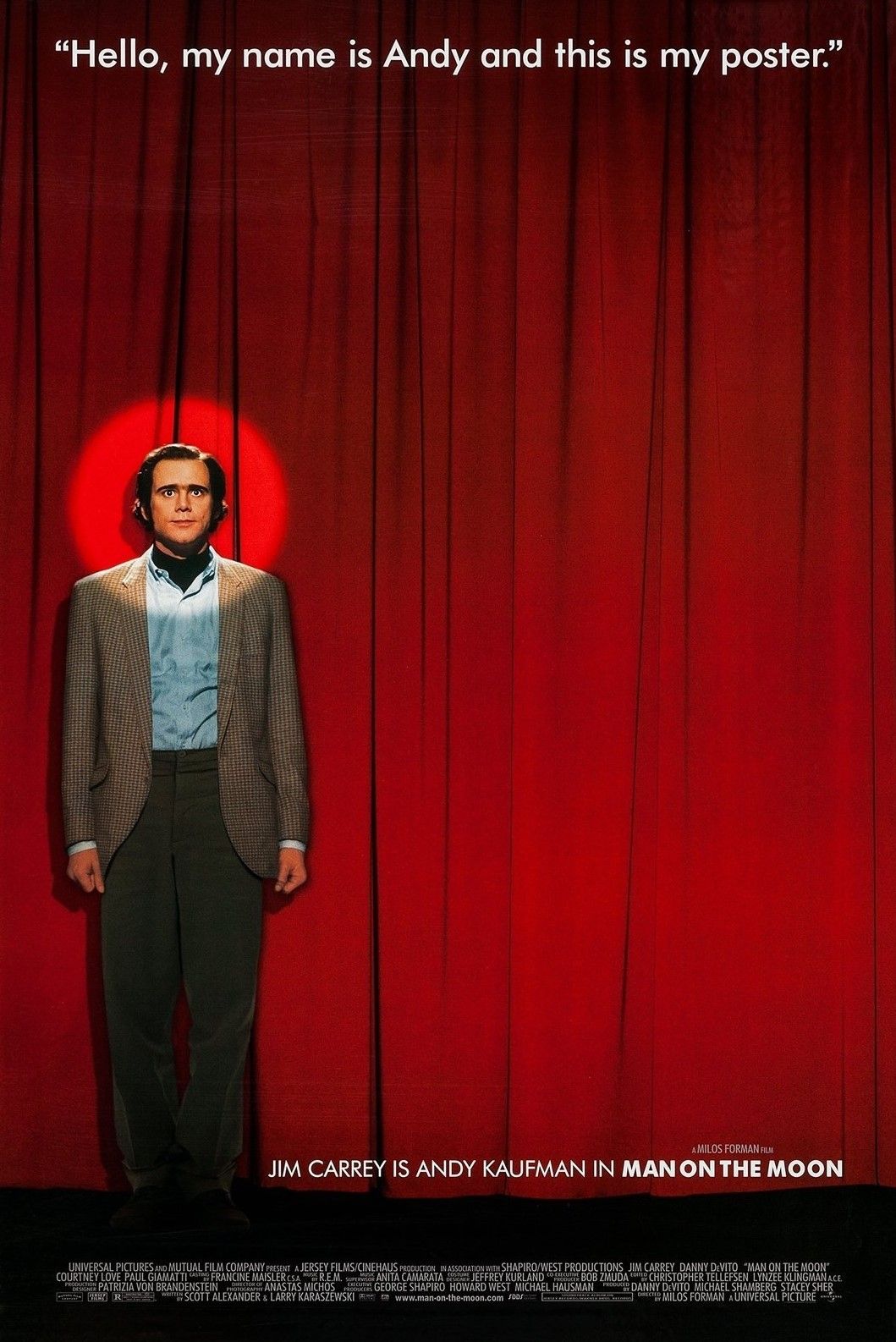 Man on the Moon Movie Poster with Jim Carrey as Andy Kaufman standing on a stage.