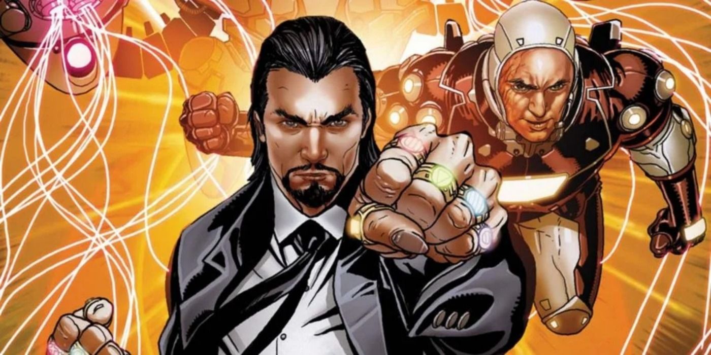 Mandarin using his Ten Rings on an Iron Man comic cover.