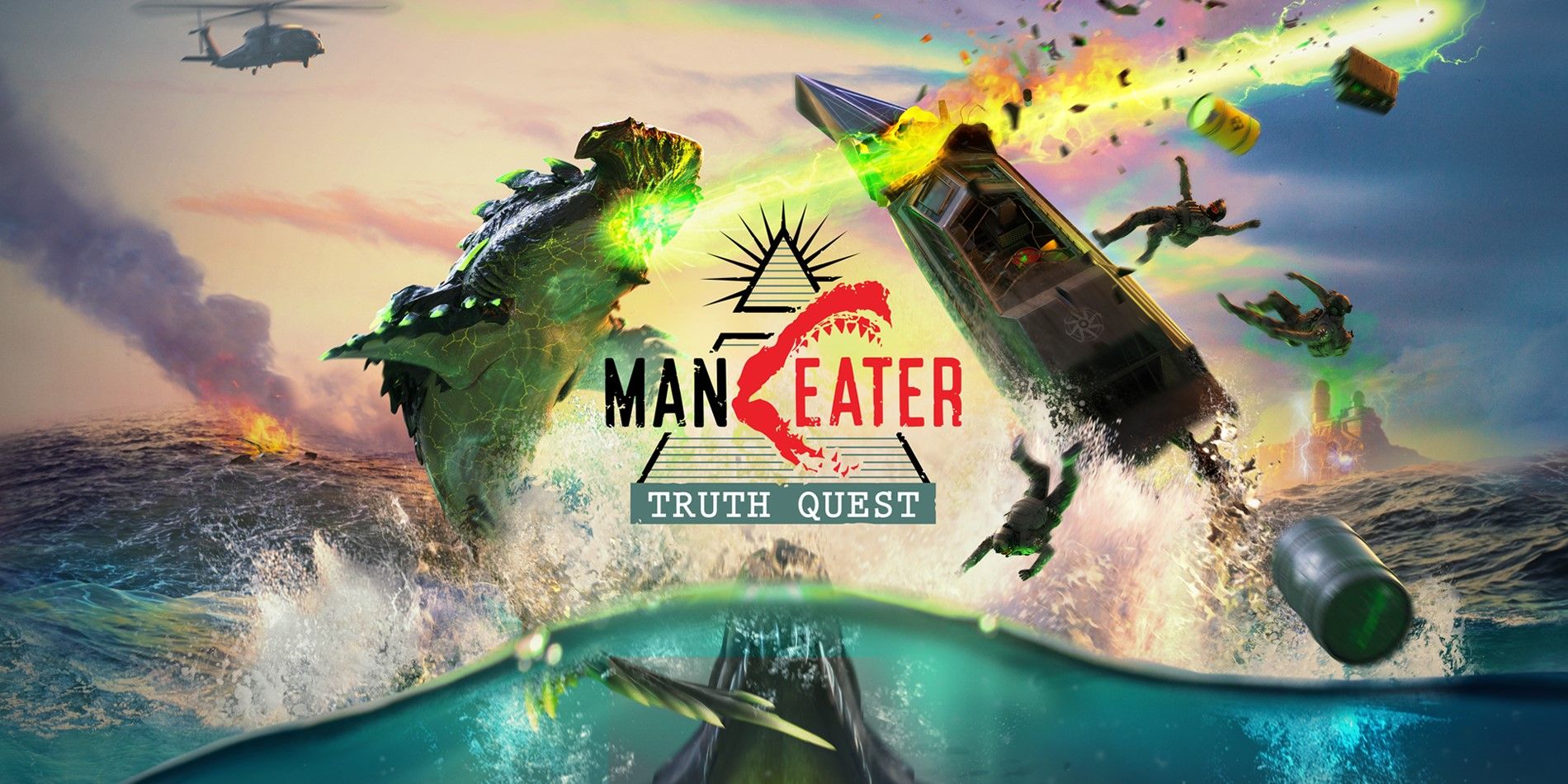 Maneater Truth Quest Key Art with flying laser shark