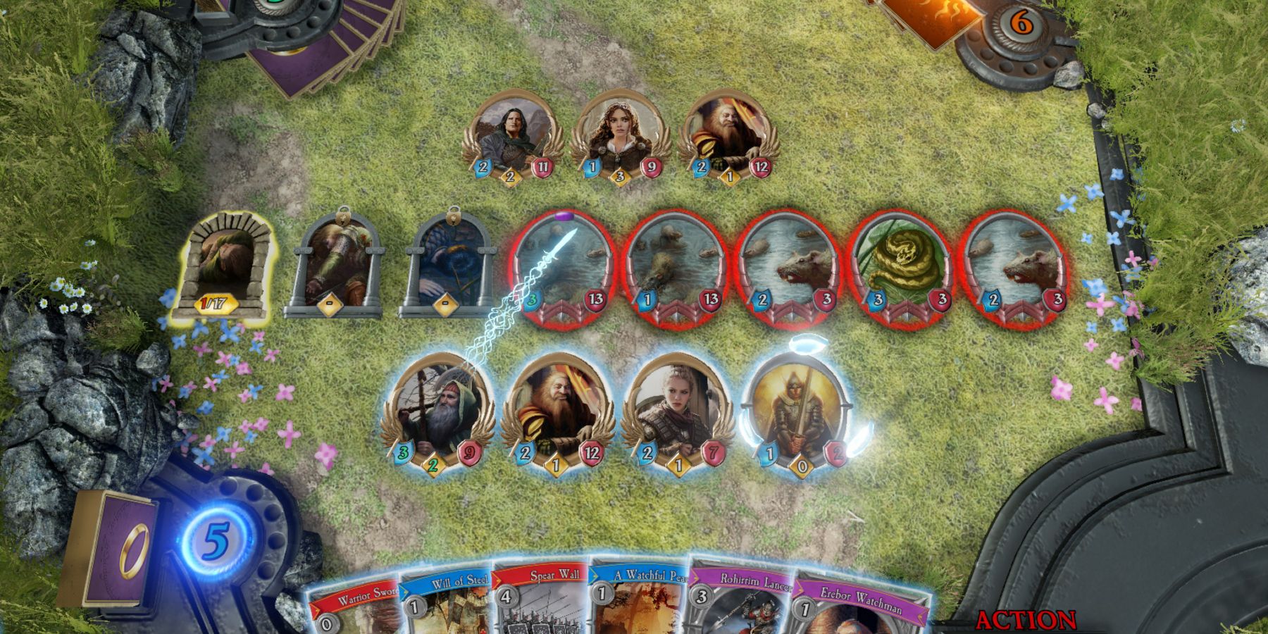 Many cards on the playing field in The Lord Of The Rings Adventure Card Game