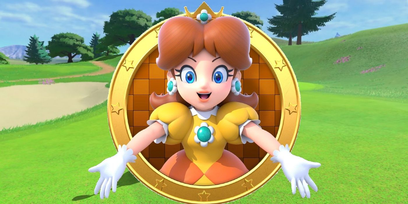 Daisy outstretches her arms on a Mario Golf Super Rush background