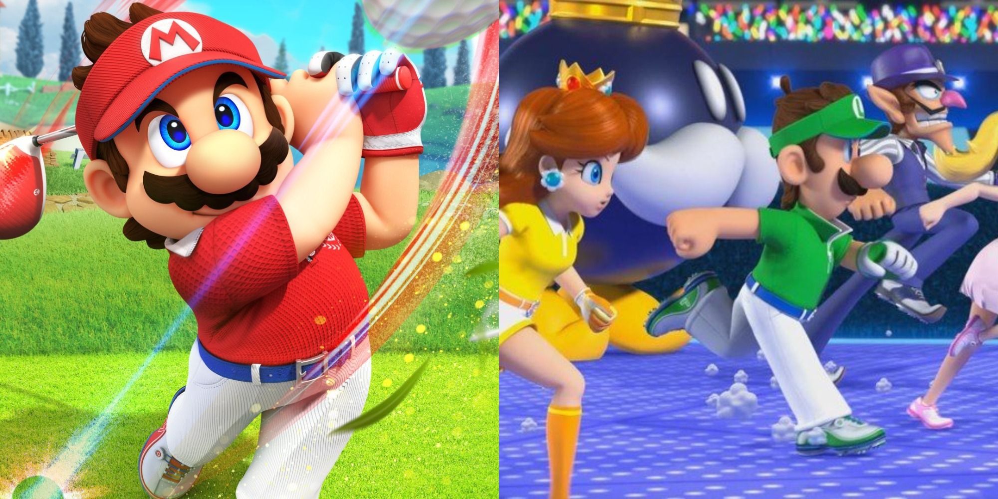 Mario-Golf-Super-Rush-Mario-Swinging-Daisy-Luigi-Waluigi-Bob-omb-Running