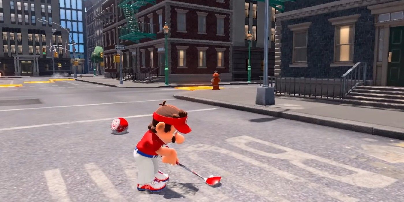 Mario playing golf on a street in Mario Golf's Super Rush