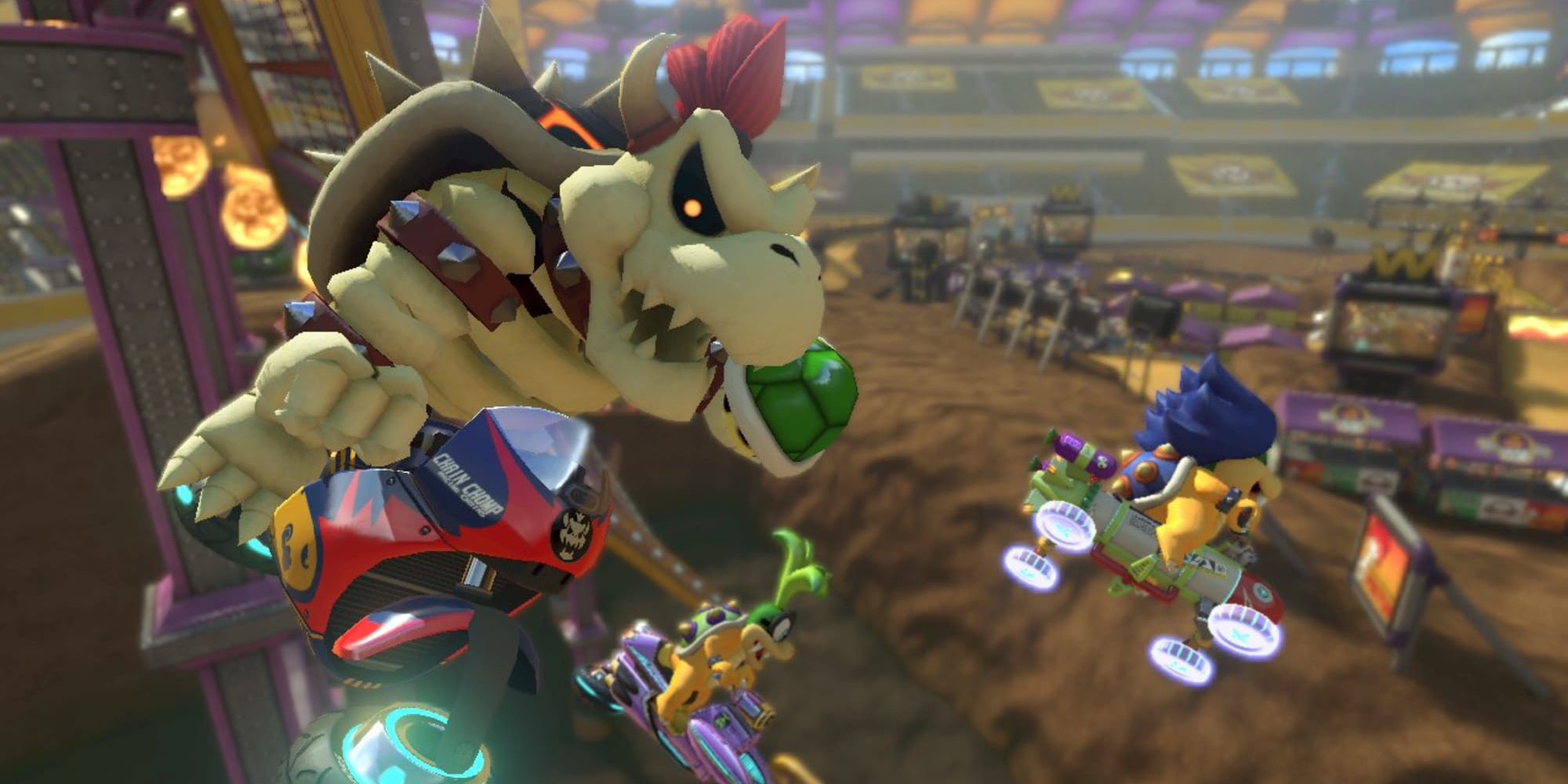 Dry Bowser holding a Green Shell during a race in Mario Kart 8