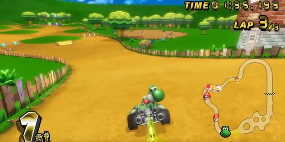 Yoshi joga uma banana em Mario Kart Wii