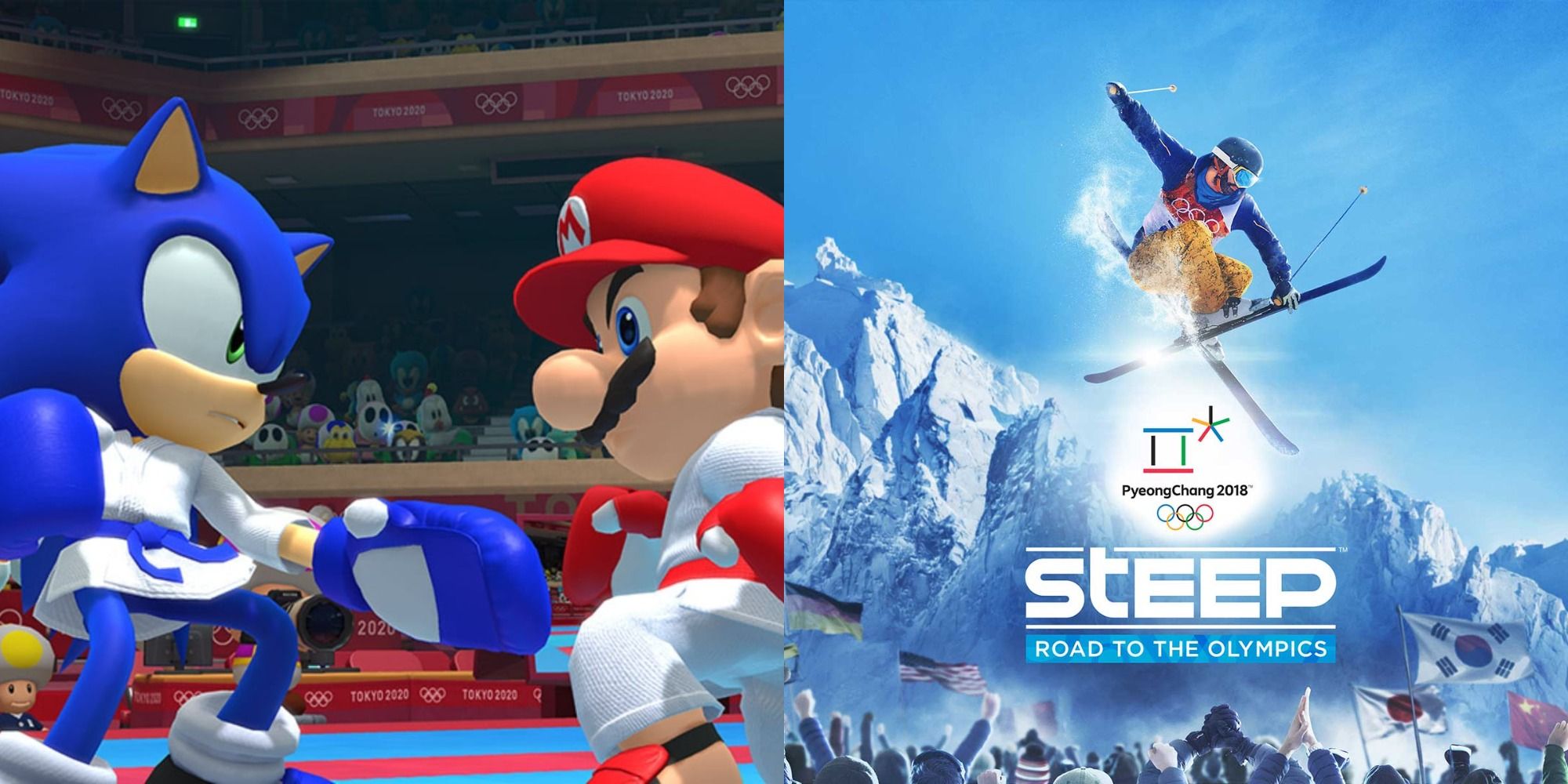 Split image showing Mario and Sonic doing karate and the cover to Steep Road To The Olympics