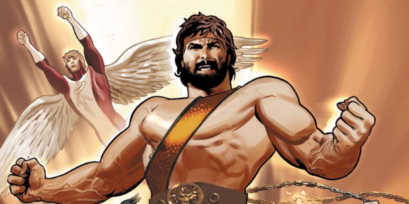 Hercules poses with his arms flexed as Angel flies in the background.