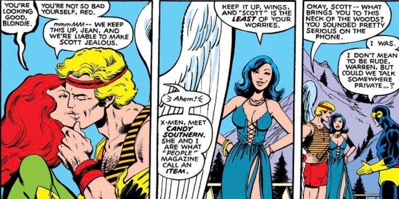 Comic books panels showing Angel greeting Jean with a kiss on the lips in X-Men comics