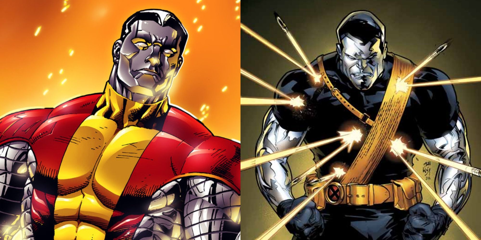 Split image of Colossus and Colossus deflecting bullets.