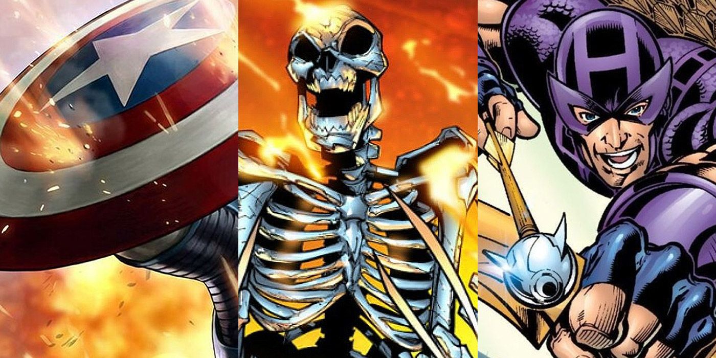 Split image of Captain America's shield, Wolverine's skeleton and Hawkeye's bow